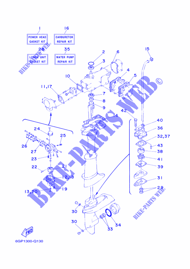 KIT DE REPARATION  pour Yamaha 4C Manual Starter, Tiller Handle, Manual Tilt, Pre-Mixing, Shaf Shaft 20