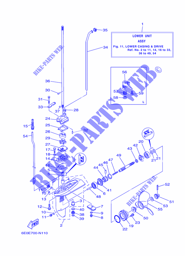 CARTER INFERIEUR ET TRANSMISSION pour Yamaha 4C Manual Starter, Tiller Handle, Manutl Tilt, Pre-Mixing, Shaft 20