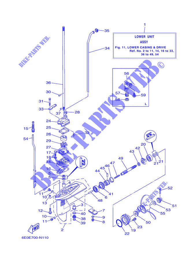 CARTER INFERIEUR ET TRANSMISSION pour Yamaha 5C Manual Starter, Tiller Handle, Manual Tilt, Pre-Mixing, Shaft 20