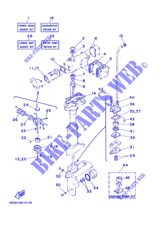 KIT DE REPARATION  pour Yamaha 5C Manual Starter, Tiller Handle, Manual Tilt, Pre-Mixing, Shaft 20