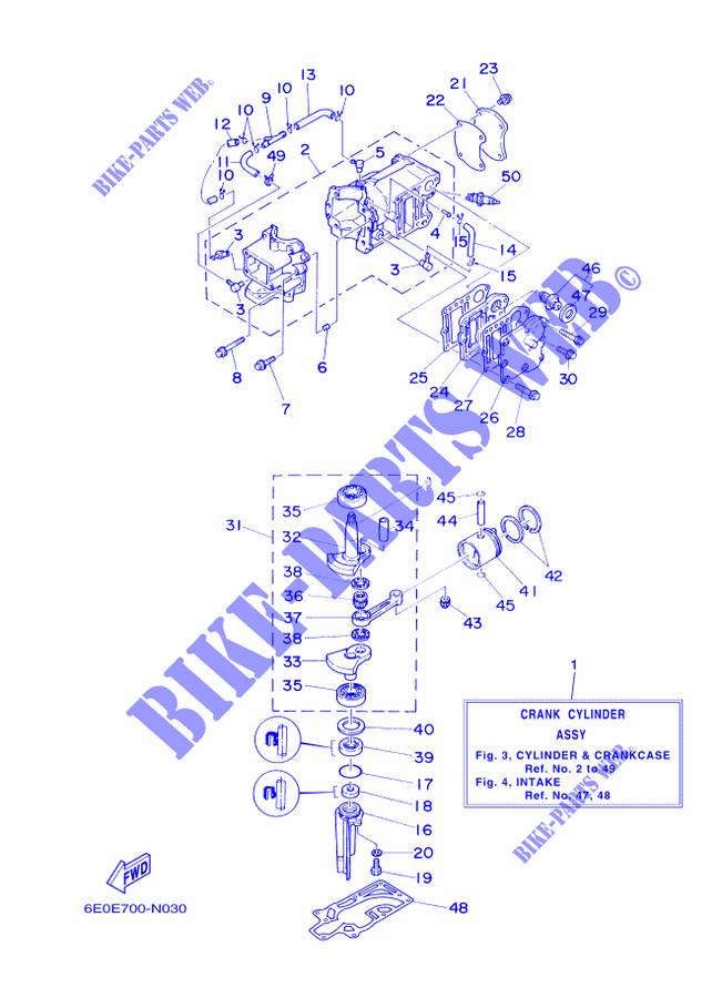 CYLINDRE / CARTER MOTEUR pour Yamaha 5CM Manual Starter, Tiller Handle, Manual Tilt, Pre-Mixing, Shaft 20