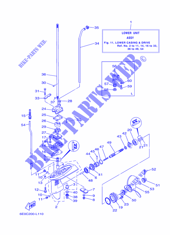 CARTER INFERIEUR ET TRANSMISSION pour Yamaha 5C Manual Starter, Tiller Handle, Manual Tilt, Pre-Mixing, Shaft 15