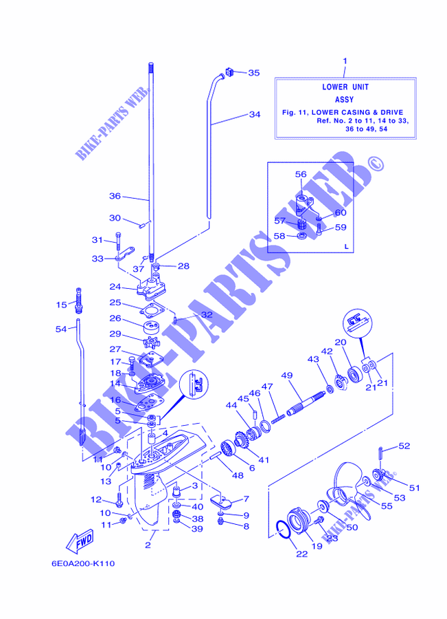 CARTER INFERIEUR ET TRANSMISSION pour Yamaha 5C Manual Starter, Tiller Handle, Manual Tilt, Pre-Mixing, Shaft 20