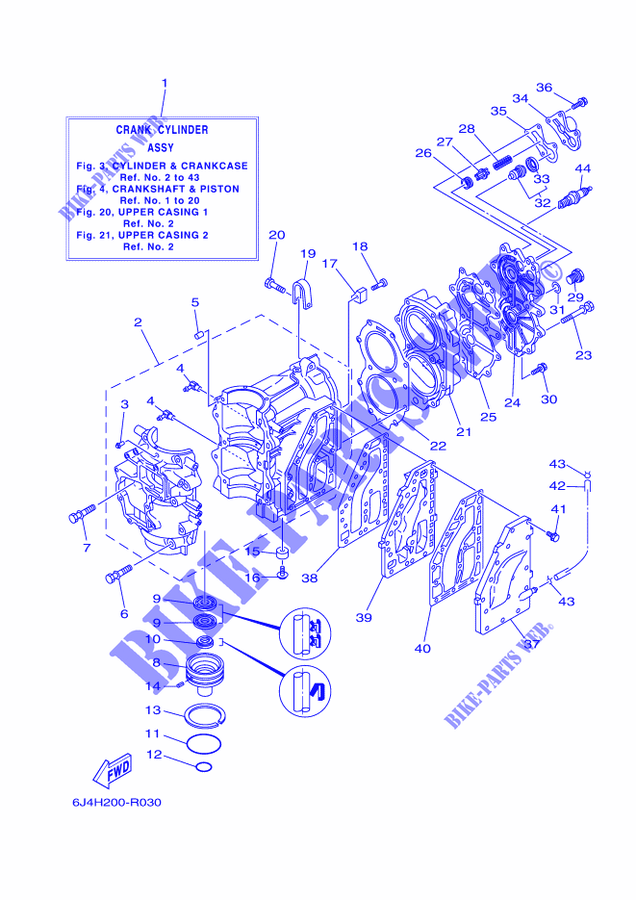 CYLINDRE / CARTER MOTEUR pour Yamaha E40G Manual Starter, Tiller Handle, Manual Tilt, Pre-Mixing, Shaft 20