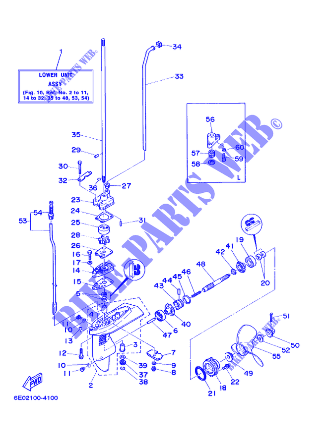 CARTER INFERIEUR ET TRANSMISSION pour Yamaha 5CM Manual Starter, Tiller Handle, Manual Tilt, Pre-Mixing, Shaft 20