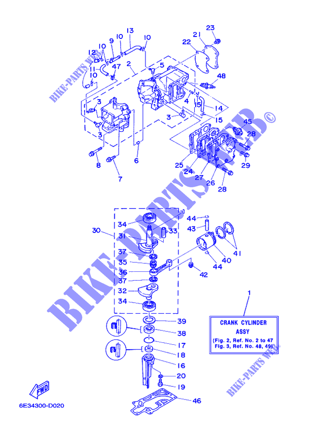 CYLINDRE / CARTER MOTEUR pour Yamaha 5C Manual Starter, Tiller Handle, Manual Tilt, Pre-Mixing, Shaft 20