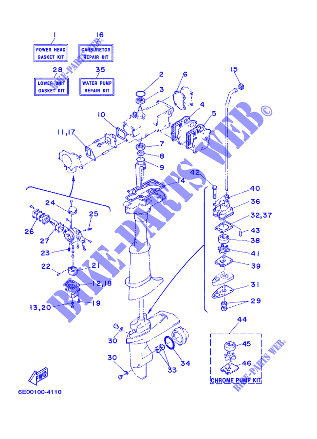 KIT DE REPARATION  pour Yamaha 5C Manual Starter, Tiller Handle, Manual Tilt, Pre-Mixing, Shaft 15