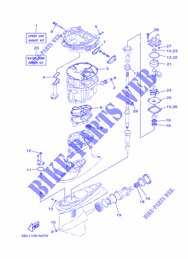 KIT DE REPARATION 2 pour Yamaha FL115B Counter Rotation, Electric Starter, Remote Control, Power Trim & Tilt, Shaft 25