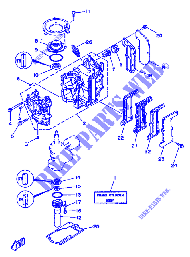 CYLINDRE / CARTER MOTEUR pour Yamaha 8C 2 Stroke, Manual Starter, Tiller Handle, Manual Tilt de 1996
