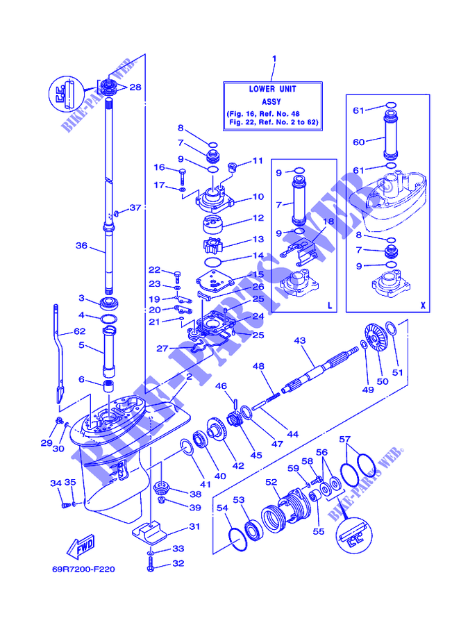 CARTER INFERIEUR ET TRANSMISSION 1 pour Yamaha 25B Manual Starter, Tiller Handle, Manual Tilt, Pre-Mixing, Shaft 15