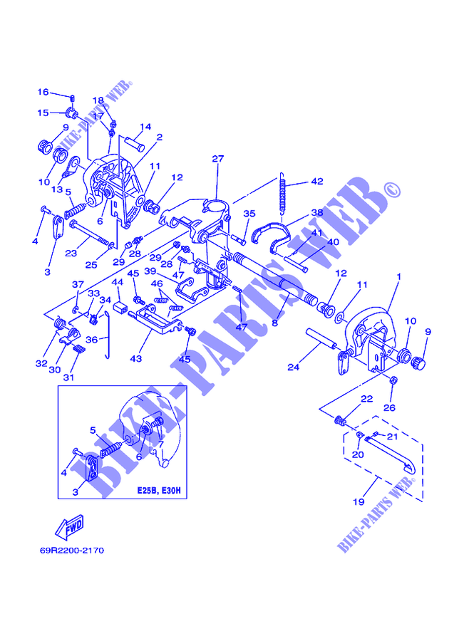 SUPPORT 1 pour Yamaha 25B Manual Starter, Tiller Handle, Manual Tilt, Pre-Mixing, Shaft 15