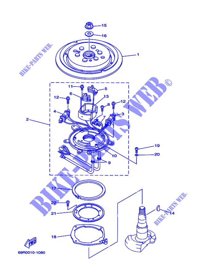 GENERATEUR pour Yamaha 25B Manual Starter, Tilller Handle, Manual Tilt, Pre-Mixing, Shaft 15