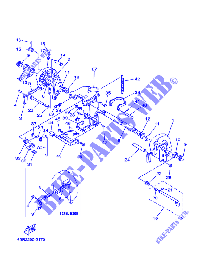 SUPPORT 1 pour Yamaha 25B Manual Starter, Tilller Handle, Manual Tilt, Pre-Mixing, Shaft 15