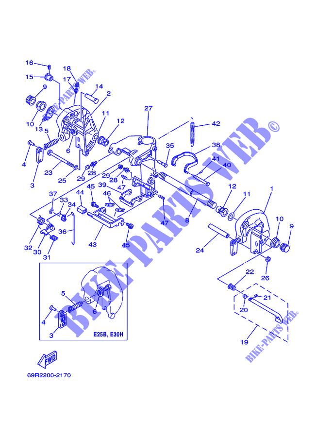 SUPPORT 1 pour Yamaha 25B Manual Starter, Tiller Handle, Manual Tilt, Pre-Mixing, Shaft 20