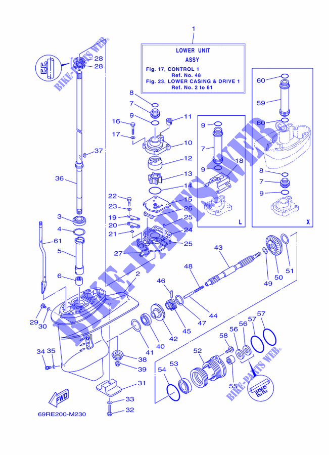 CARTER INFERIEUR ET TRANSMISSION 1 pour Yamaha 30H Manual Starter, Tiller Handle, Manual Tilt, Pre-Mixing, Shaft 20