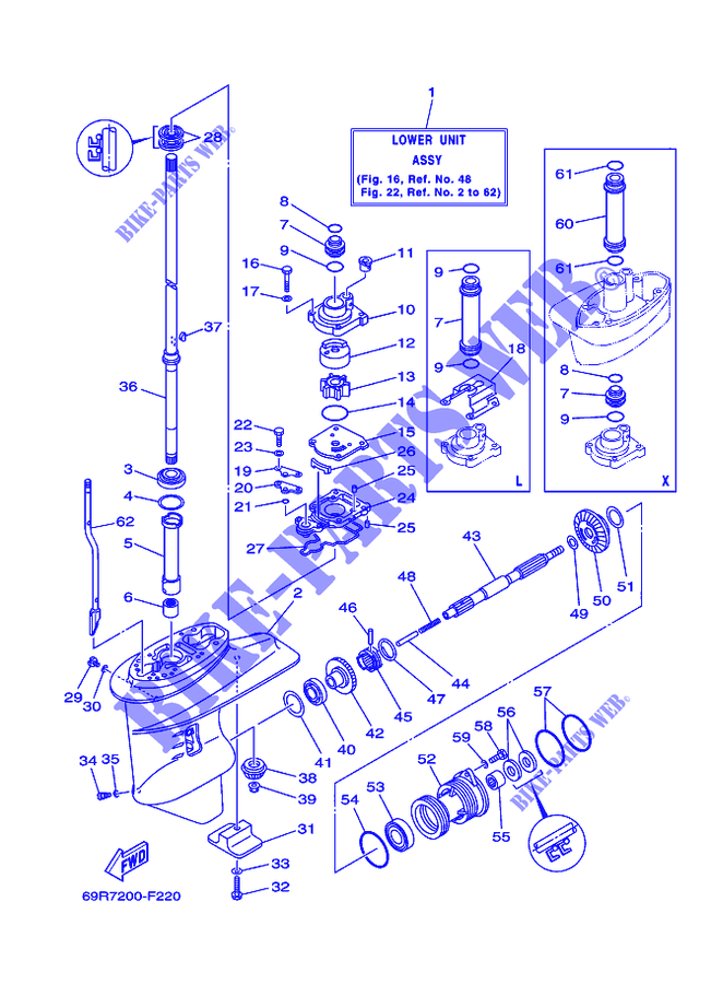 CARTER INFERIEUR ET TRANSMISSION 1 pour Yamaha 30H Manual Starter, Tiller Handle, Manual Tilt, Pre-Mixing, Shaft 15