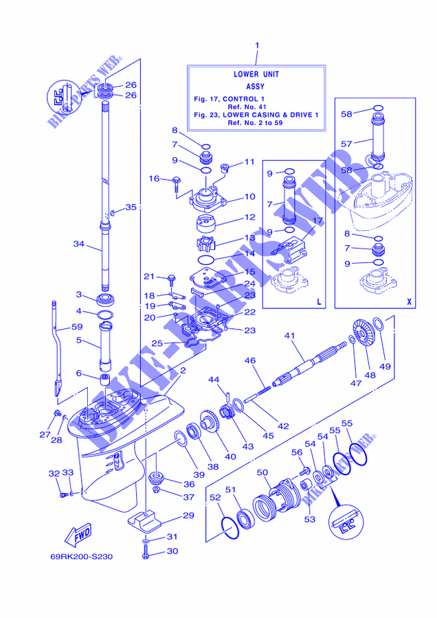 CARTER INFERIEUR ET TRANSMISSION 1 pour Yamaha E25B Enduro, Manual Starter, Tilller Handle, Manual Tilt, Shaft 20