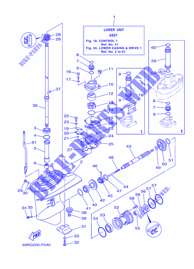 CARTER INFERIEUR ET TRANSMISSION 1 pour Yamaha E25B Enduro, Manual Starter, Tilller Handle, Manual Tilt, Shaft 20