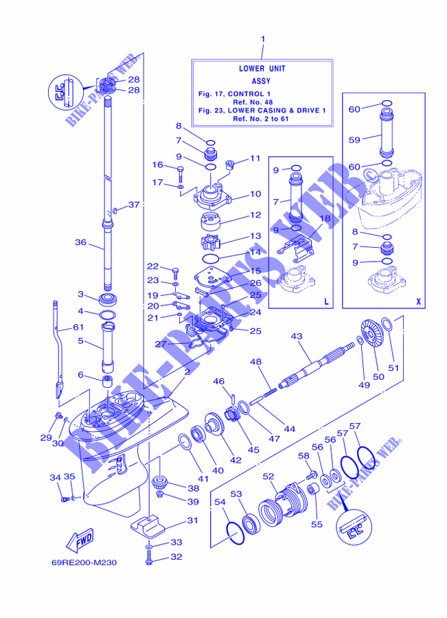 CARTER INFERIEUR ET TRANSMISSION 1 pour Yamaha E25B Enduro, Manual Starter, Tilller Handle, Manual Tilt, Pre-Mixing, Shaft 20
