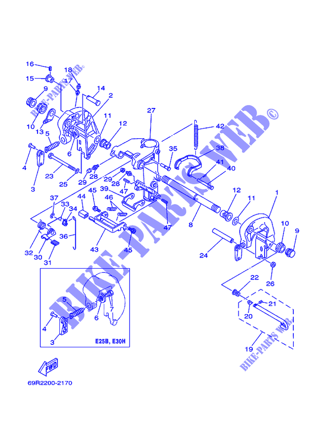 SUPPORT 1 pour Yamaha E30H Manual Starter, Tiller Handle, Manual Tilt, Pre-Mixing, Shaft 20