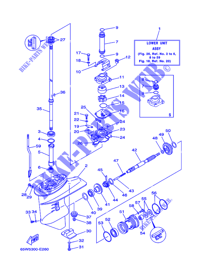 CARTER INFERIEUR ET TRANSMISSION 1 pour Yamaha F20A Electric or Manual Starter, Remote Control or Tiller Handle, Manual Tilt or Power Trim & Tilt de 2006