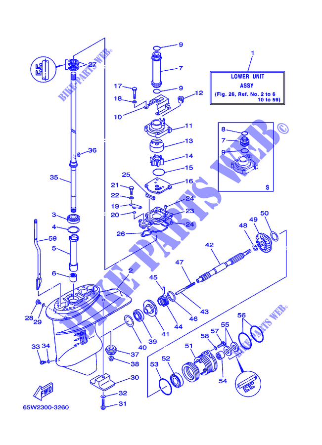 CARTER INFERIEUR ET TRANSMISSION 1 pour Yamaha F20A Electric Starter, Remote Control, Manual Tilt, Shaft 15