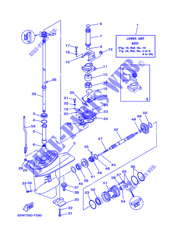 BOITIER D'HELICE ET TRANSMISSION 1 pour Yamaha F25A Electric Starter, Remote Control, Manual Tilt, Shaft 20