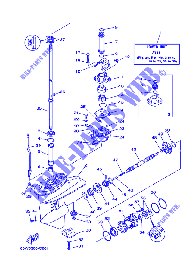 BOITIER D'HELICE ET TRANSMISSION 1 pour Yamaha F25A Manual Starter, Tiller Handle, Manual Tilt, Shaft 15