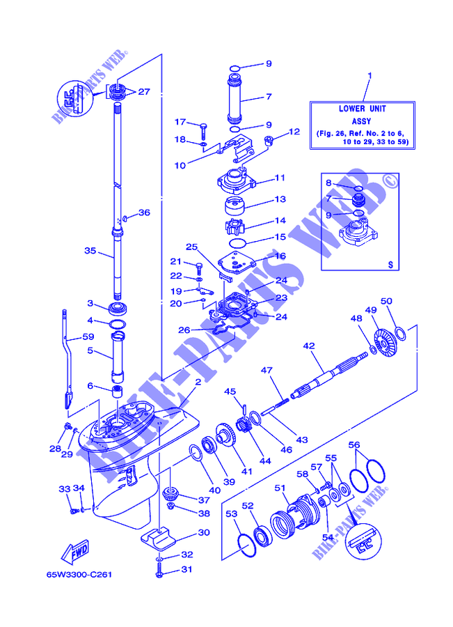 BOITIER D'HELICE ET TRANSMISSION 1 pour Yamaha F25A Electric Starter, Remote Control, Manual Tilt, Shaft 15