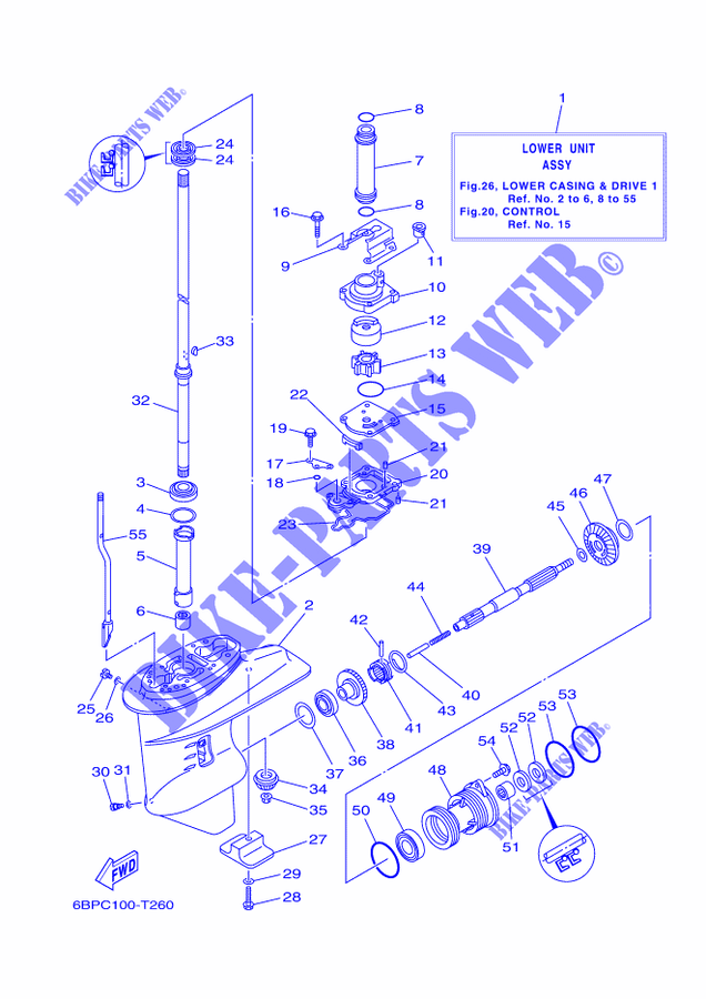 CARTER INFERIEUR ET TRANSMISSION 1 pour Yamaha F25D Manual Starter, Tiller Handle, Manual Tilt, Shaft 20