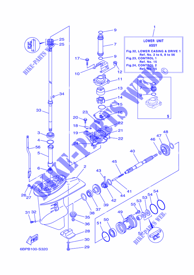 CARTER INFERIEUR ET TRANSMISSION 1 pour Yamaha F25D Electric Start, Remote Control, Manual Tilt, Shaft 15