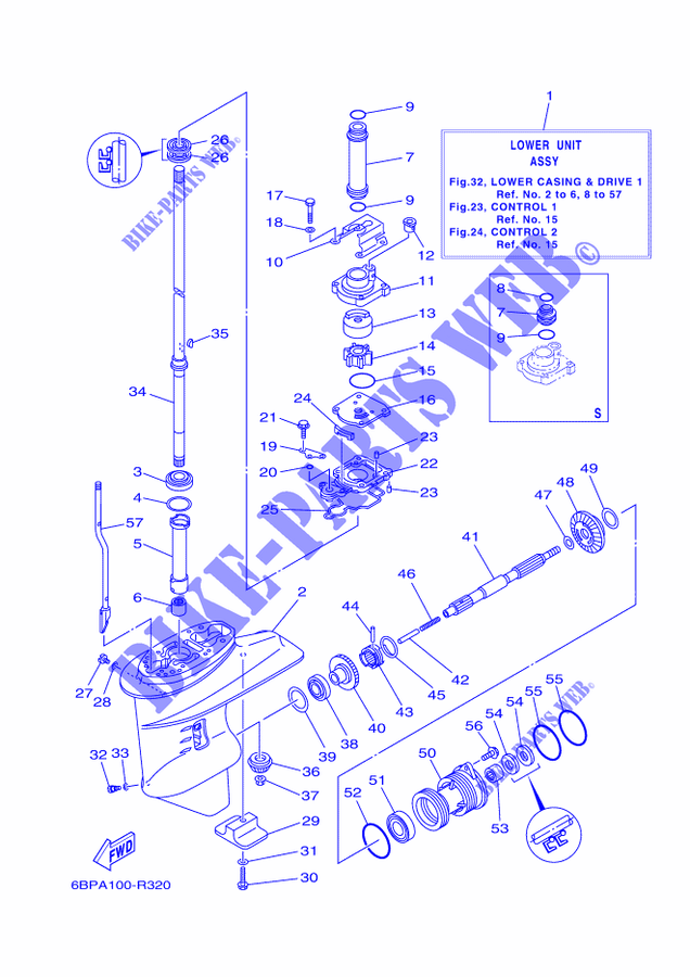 CARTER INFERIEUR ET TRANSMISSION 1 pour Yamaha F25D Manual Starter, Tiller Handle, Manual Tilt, Shaft 15
