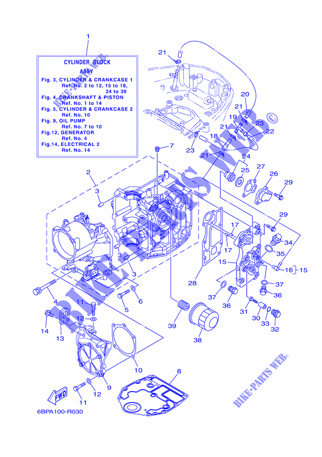 CYLINDRE / CARTER MOTEUR 1 pour Yamaha F25D Manual Starter, Tiller Handle, Manual Tilt, Shaft 15