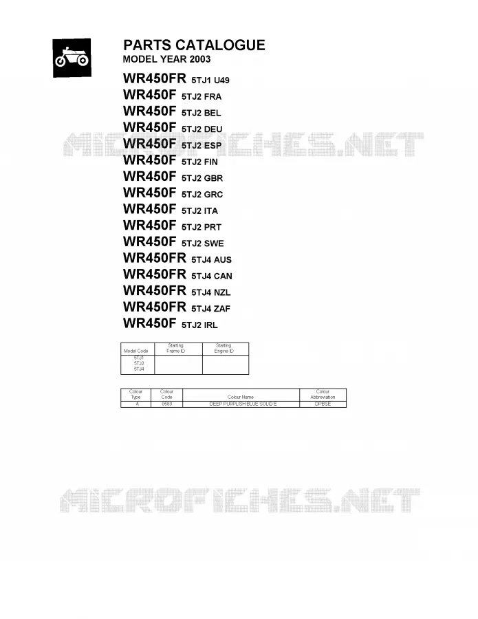 * CATALOG PREFACE * Yamaha MOTO 450 2003 WRF  WR450FR