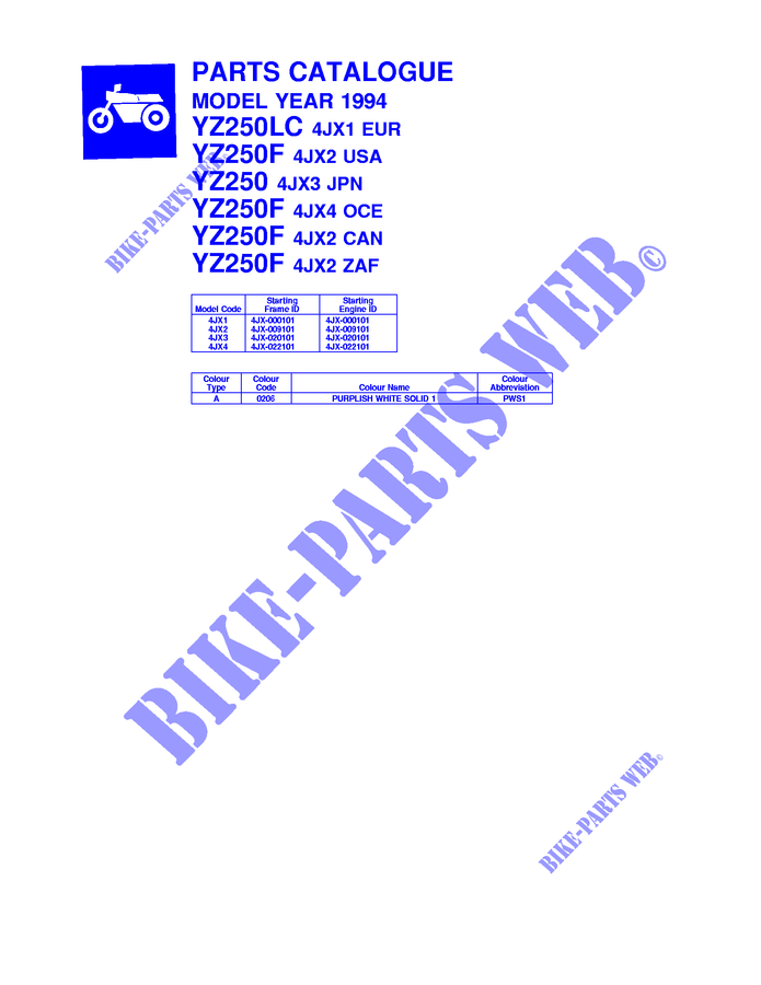 * CATALOG PREFACE * pour Yamaha YZ250F de 1994