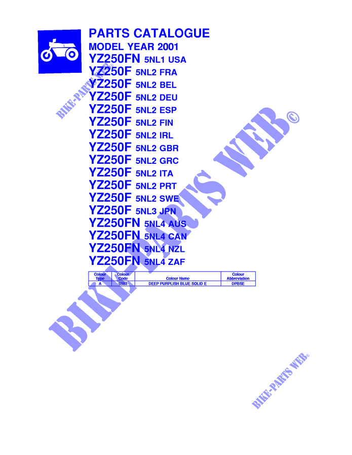 * CATALOG PREFACE * pour Yamaha YZ250F de 2001