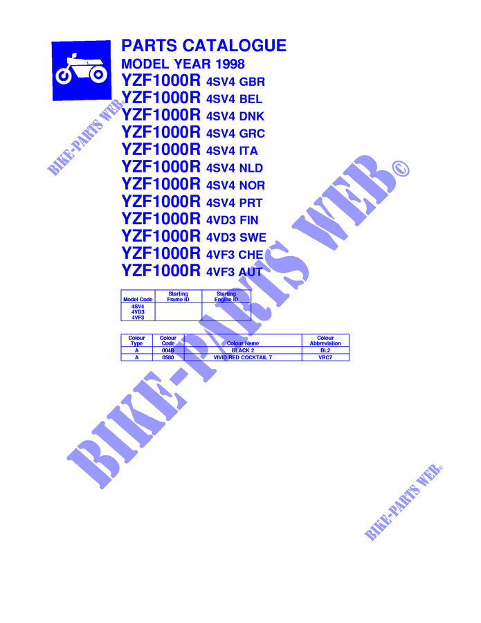 * CATALOG PREFACE * pour Yamaha YZF1000R de 1998